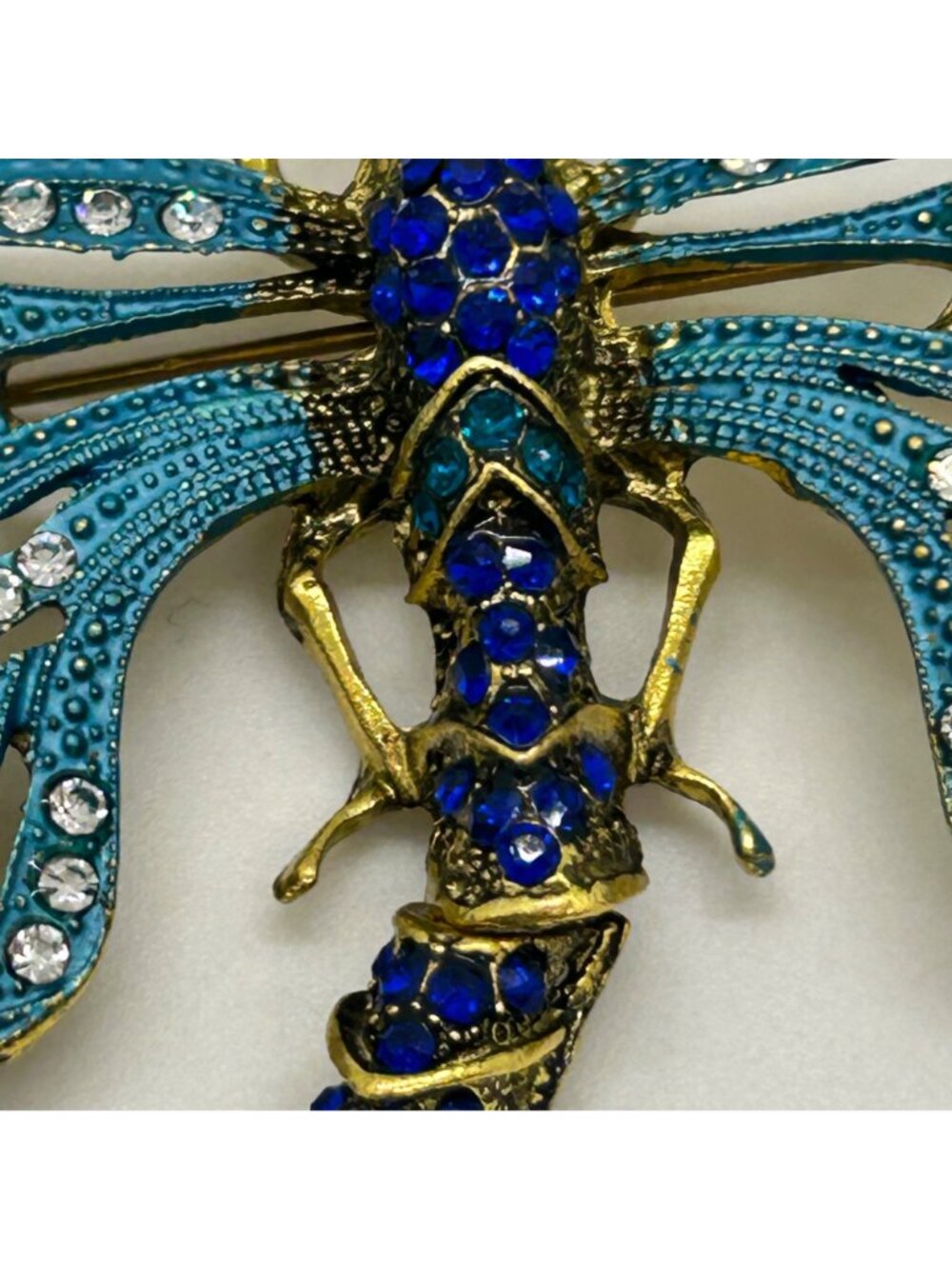 Dragonfly Brooch Articulated Tail Blue Teal Rhinestones Statement 5 inch Insect - Picture 6 of 16